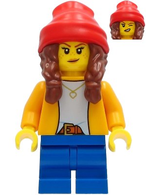 LEGO onderdeel Girl - Bright Light Orange Jacket, Blue Medium Short Legs, Reddish Brown Hair with Braids and Red Beanie (cty1235)