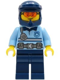 LEGO part Police - City Officer Bright Light Blue Shirt with Silver Stripe, Badge, and Radio, Dark Blue Legs, Dark Blue Dirt Bike Helmet, Safety Glasses cty1243