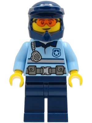 LEGO onderdeel Police - City Officer Bright Light Blue Shirt with Silver Stripe, Badge, and Radio, Dark Blue Legs, Dark Blue Dirt Bike Helmet, Safety Glasses (cty1243)