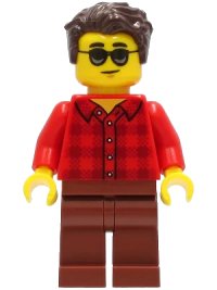 LEGO part Man - Red Plaid Flannel Shirt, Reddish Brown Legs, Dark Brown Hair, Sunglasses cty1246