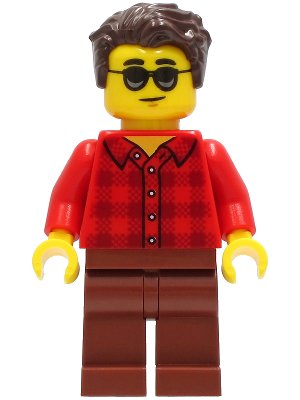 LEGO onderdeel Man - Red Plaid Flannel Shirt, Reddish Brown Legs, Dark Brown Hair, Sunglasses (cty1246)