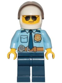 LEGO part Police - City Officer Shirt with Dark Blue Tie and Gold Badge, Dark Tan Belt with Radio, Dark Blue Legs, White Helmet, Sunglasses cty1249