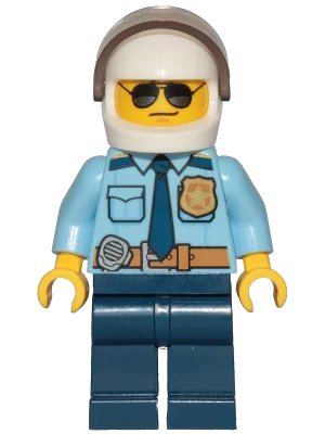 LEGO onderdeel Police - City Officer Shirt with Dark Blue Tie and Gold Badge, Dark Tan Belt with Radio, Dark Blue Legs, White Helmet, Sunglasses (cty1249)