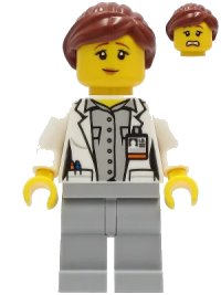 LEGO part Fire - Female, White Open Jacket over Shirt, Light Bluish Gray Legs, Reddish Brown Hair cty1252
