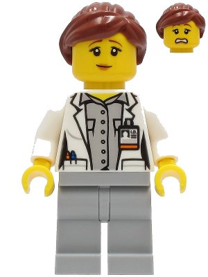 LEGO onderdeel Fire - Female, White Open Jacket over Shirt, Light Bluish Gray Legs, Reddish Brown Hair (cty1252)