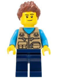 LEGO onderdeel Camper Van Owner - Male, Dark Tan Vest over Dark Azure Shirt, Dark Blue Legs, Reddish Brown Spiked Hair, Stubble cty1261