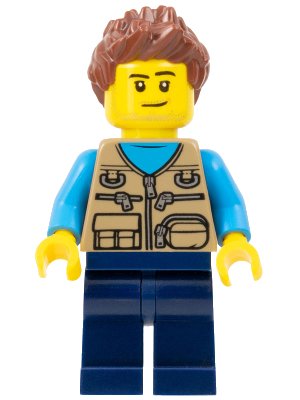 LEGO onderdeel Camper Van Owner - Male, Dark Tan Vest over Dark Azure Shirt, Dark Blue Legs, Reddish Brown Spiked Hair, Stubble (cty1261)