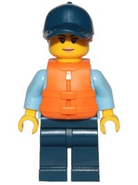 LEGO part Police - City Officer Female, Bright Light Blue Shirt with Badge and Radio, Dark Blue Legs, Dark Blue Cap with Dark Orange Ponytail, Life Jacket cty1263