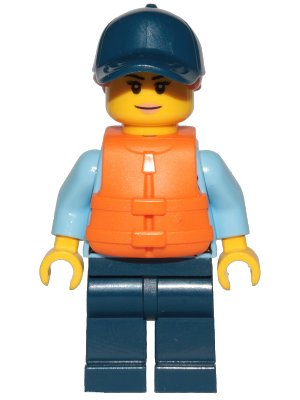 LEGO onderdeel Police - City Officer Female, Bright Light Blue Shirt with Badge and Radio, Dark Blue Legs, Dark Blue Cap with Dark Orange Ponytail, Life Jacket (cty1263)