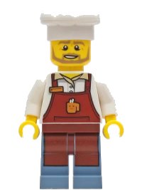 LEGO part Baker - Male, Reddish Brown Apron with Cup and Name Tag, Sand Blue Legs, White Chef Toque cty1268