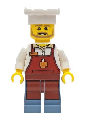 LEGO onderdeel Baker - Male, Reddish Brown Apron with Cup and Name Tag, Sand Blue Legs, White Chef Toque (cty1268)
