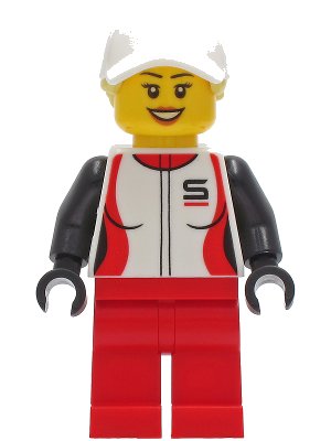 LEGO onderdeel Woman - Red and White Racing Jacket, Red Legs, White Cap with Bright Light Yellow Ponytail Hair (cty1269)
