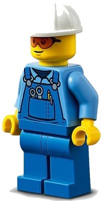 LEGO onderdeel Roadwork Truck Driver - Male, Blue Overalls over Medium Blue Shirt, Blue Legs, White Construction Helmet, Safety Glasses, Back Print (cty1274)