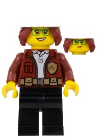 LEGO part Fire Chief, Female - Freya McCloud, Dark Red Jacket, Black Legs, White Fire Helmet, Open Mouth Smile / Lopsided Grin Pattern cty1288