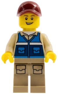 LEGO part Wildlife Rescue Worker - Male, Dark Red Cap, Blue Vest with 'RESCUE' Pattern on Back, Dark Tan Legs with Pockets cty1292