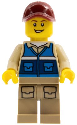 LEGO onderdeel Wildlife Rescue Worker - Male, Dark Red Cap, Blue Vest with 'RESCUE' Pattern on Back, Dark Tan Legs with Pockets (cty1292)