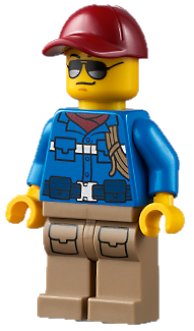 LEGO onderdeel Wildlife Rescue Ranger - Male, Blue Shirt with 'RESCUE' Pattern on Back, Dark Red Cap, Dark Tan Legs with Pockets (cty1303)