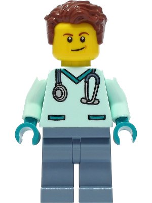 LEGO onderdeel Wildlife Rescue Veterinarian - Male, Light Aqua Scrubs, Sand Blue Legs, Reddish Brown Hair (cty1304)