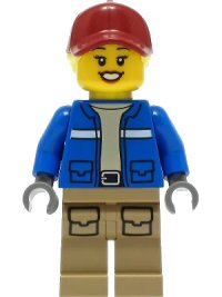 LEGO part Wildlife Rescue Explorer - Female, Blue Jacket, Dark Tan Legs with Pockets, Dark Red Cap, Bright Light Yellow Hair cty1305