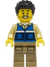 LEGO onderdeel Wildlife Rescue Worker - Male, Blue Vest with 'RESCUE' Pattern on Back, Dark Tan Legs with Pockets, Black Hair cty1306
