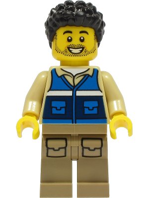 LEGO onderdeel Wildlife Rescue Worker - Male, Blue Vest with 'RESCUE' Pattern on Back, Dark Tan Legs with Pockets, Black Hair (cty1306)