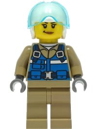 LEGO part Wildlife Rescue Pilot - Female, Blue Vest, White Helmet, Dark Tan Legs, Smirk cty1307
