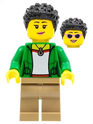 LEGO onderdeel Stuntz Spectator - Female, Green Jacket, Dark Tan Legs, Black Coiled Hair (cty1321)