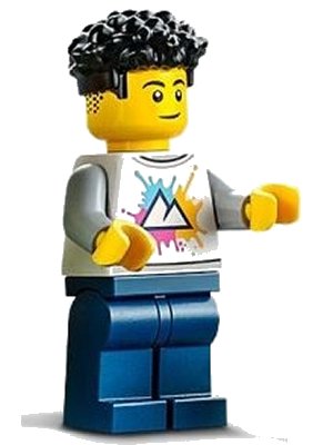 LEGO onderdeel Hospital Visitor - Male, White Shirt with Mountains Logo, Dark Blue Legs, Black Coiled Hair (cty1340)