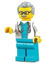 LEGO part Doctor - Male, White Lab Coat with Stethoscope, Medium Azure Scrubs, Light Bluish Gray Hair, Glasses cty1341