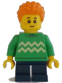 LEGO onderdeel Child - Boy, Bright Green Sweater with Bright Light Yellow Zigzag Lines, Dark Blue Short Legs, Orange Short Coiled Hair, Freckles cty1343