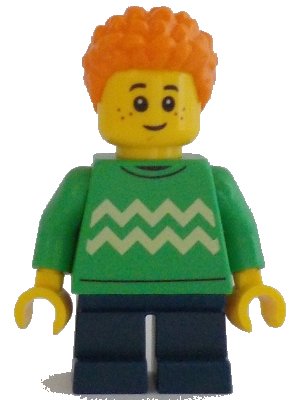 LEGO onderdeel Child - Boy, Bright Green Sweater with Bright Light Yellow Zigzag Lines, Dark Blue Short Legs, Orange Short Coiled Hair, Freckles (cty1343)