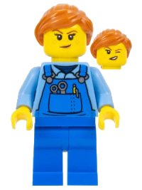 LEGO part Janitor - Female, Blue Overalls over Medium Blue Shirt, Blue Legs, Dark Orange Hair, Back Print cty1348