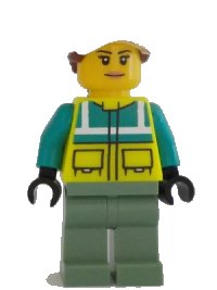 LEGO onderdeel Ambulance Driver - Female, Dark Turquoise and Neon Yellow Safety Vest, Sand Green Legs, White Cap with Reddish Brown Ponytail Hair cty1349