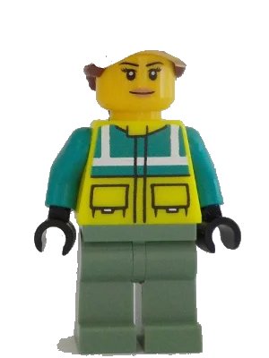LEGO onderdeel Ambulance Driver - Female, Dark Turquoise and Neon Yellow Safety Vest, Sand Green Legs, White Cap with Reddish Brown Ponytail Hair (cty1349)