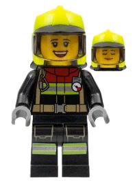 LEGO part Fire - Female, Black Jacket and Legs with Reflective Stripes and Red Collar, Neon Yellow Fire Helmet, Trans-Brown Visor (Sarah Feldman) cty1356