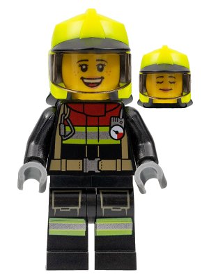 LEGO onderdeel Fire - Female, Black Jacket and Legs with Reflective Stripes and Red Collar, Neon Yellow Fire Helmet, Trans-Brown Visor (Sarah Feldman) (cty1356)