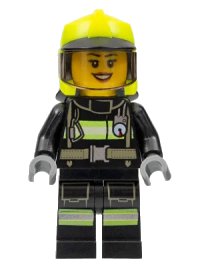 LEGO part Fire - Female, Black Jacket and Legs with Reflective Stripes, Neon Yellow Fire Helmet, Trans-Brown Visor cty1357