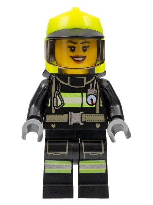 LEGO onderdeel Fire - Female, Black Jacket and Legs with Reflective Stripes, Neon Yellow Fire Helmet, Trans-Brown Visor (cty1357)