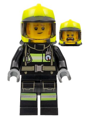 LEGO onderdeel Fire -  Fireman Clemmons, Reflective Stripes with Utility Belt, Black Legs, Neon Yellow Fire Helmet, Trans-Brown Visor, Sideburns (cty1358)