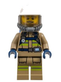 LEGO part Fire - Reflective Stripes, Dark Tan Suit, White Fire Helmet, Open Mouth with Beard, Breathing Neck Gear with Blue Air Tanks cty1359