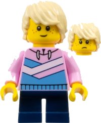 LEGO onderdeel Child - Boy, Bright Pink Hoodie with Medium Blue and White Diagonal Stripes, Dark Blue Short Legs, Tan Tousled Hair, Freckles cty1361