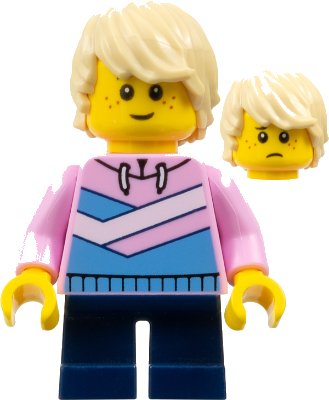 LEGO onderdeel Child - Boy, Bright Pink Hoodie with Medium Blue and White Diagonal Stripes, Dark Blue Short Legs, Tan Tousled Hair, Freckles (cty1361)