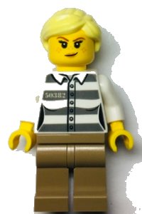 LEGO part Police - Jail Prisoner 50382 Prison Stripes, Female, Dark Tan Legs, Smirk with Peach Lips, and Bright Light Yellow Ponytail cty1368