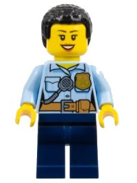 LEGO part Police - City Officer Female, Bright Light Blue Shirt with Badge and Radio, Dark Blue Legs, Short Black Curly Hair cty1381
