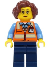 LEGO onderdeel School Bus Driver - Female, Orange Safety Vest with Reflective Stripes, Dark Blue Legs, Reddish Brown Hair cty1396
