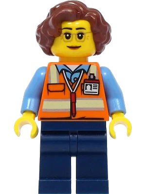 LEGO onderdeel School Bus Driver - Female, Orange Safety Vest with Reflective Stripes, Dark Blue Legs, Reddish Brown Hair (cty1396)