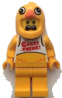 LEGO onderdeel Clemmons - Stuntz Driver, Bright Light Orange Chicken Head Helmet, White Tank Top with 'EGGS-TREME!', Bright Light Orange Legs (cty1398)