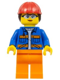 LEGO part Construction Worker - Female, Blue Jacket with Diagonal Lower Pockets and Orange Stripes, Orange Legs, Red Construction Helmet with Dark Brown Ponytail Hair, Glasses cty1402