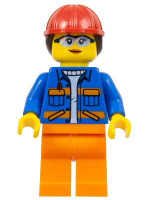 LEGO onderdeel Construction Worker - Female, Blue Jacket with Diagonal Lower Pockets and Orange Stripes, Orange Legs, Red Construction Helmet with Dark Brown Ponytail Hair, Glasses (cty1402)