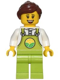 LEGO part Farmer - Female, Lime Overalls over White Shirt, Lime Legs, Reddish Brown Hair, Freckles cty1437
